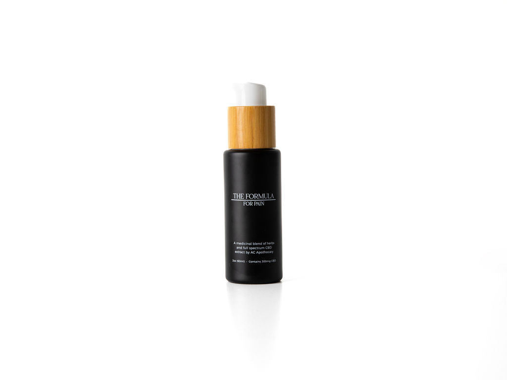 A black pump bottle with white label containing the formula for pain cream.