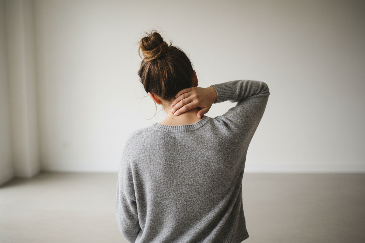 woman from behind holding her neck after being in pain